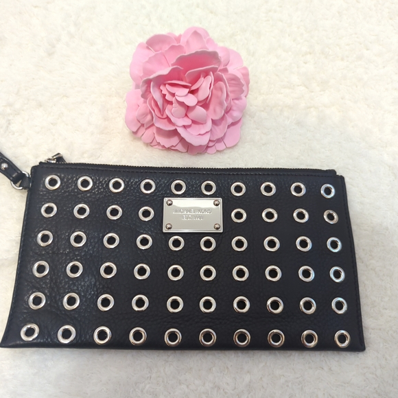 Michael Kors Black Leather Eyelet Wristlet Clutch Edgy Punk Biker Core Goth - Picture 3 of 3